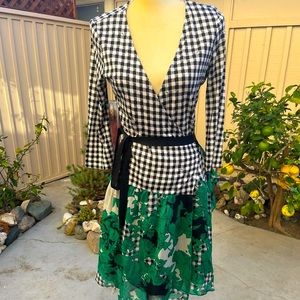 Gingham green lace wrap dress
